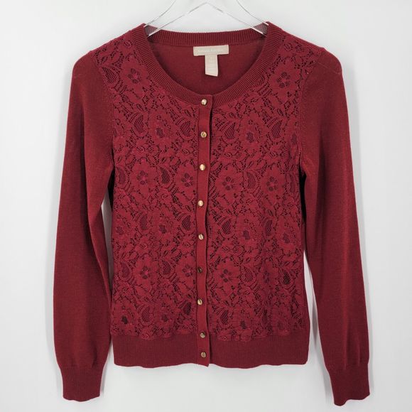 Banana Republic Cardigan Womens Small Lace Button Up Long Sleeve Red Sweater - Picture 1 of 10